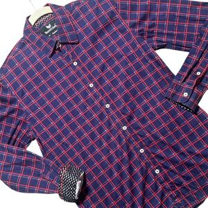Buttercloth Mens Medium Blue Red Plaid Flip Cuff LS Button Up Stretch Cotton
